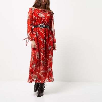 Petite red floral print bardot maxi dress